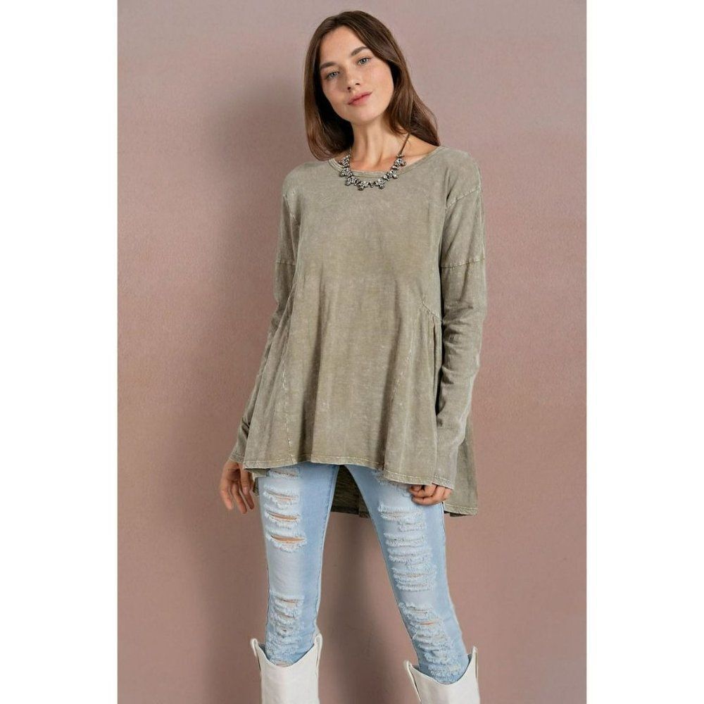 LAST ONE! Easel Oversized Washed Cotton Long Sleeve Tunic Top Faded Sage ET18211 - Picture 3 of 5